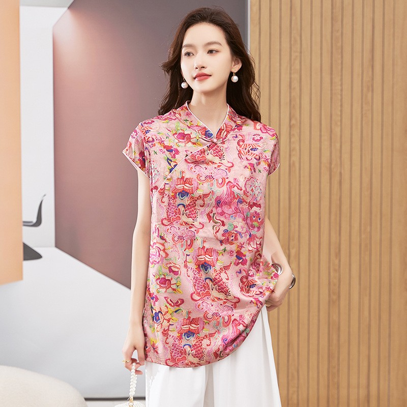 女性用ブラウス半袖ラウンドネックトップマンダリンカラーチュニ - Shirts のレビューと価格