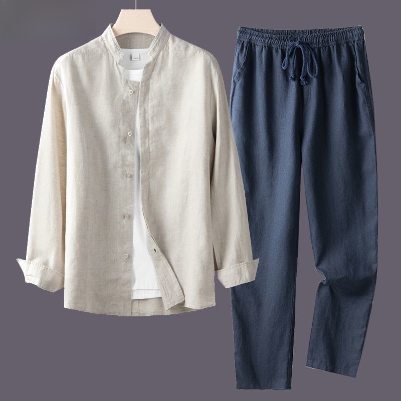 軽量で通気性のあるコットンリネンシャツセット メンズ 長袖  - Mens Linen Shirt Long Sleeve のレビューと価格