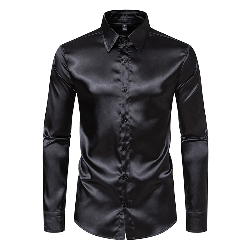 メンズブラックサテン高級ドレスシャツファッションシルクスムー - Mens Satin Silk Dress Shirt のレビューと価格