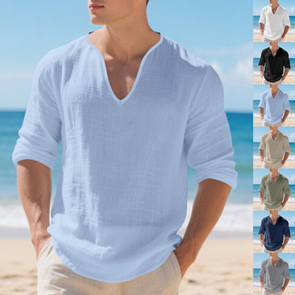 アメリカの新しいメンズルーズプラスサイズ無地リネン長袖Vネッ - Mens Linen Shirt Long Sleeve のレビューと価格