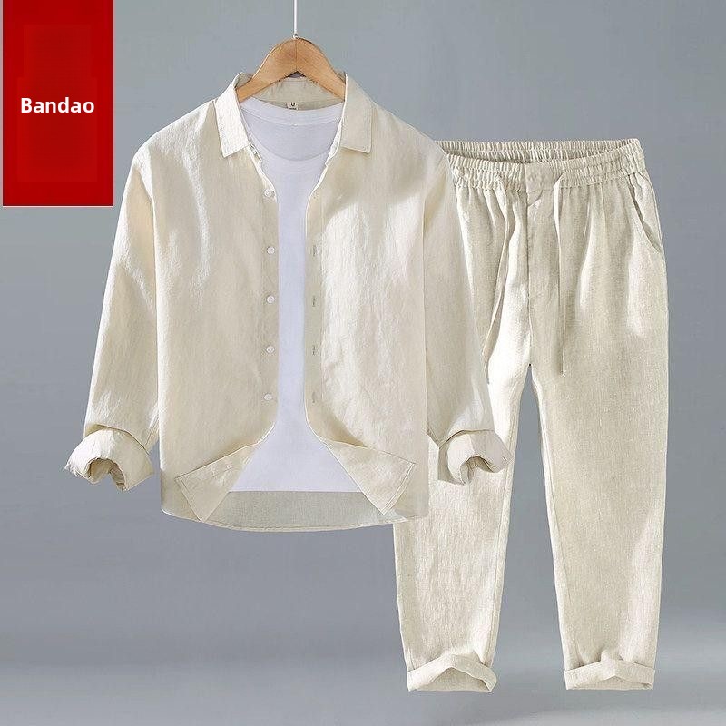 夏用綿麻シャツパンツセット 長袖ターンダウンカラー半袖長ズボ - Mens Linen Shirt Long Sleeve のレビューと価格