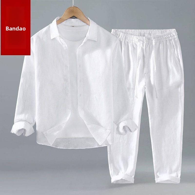 夏用綿麻シャツパンツセット 長袖ターンダウンカラー半袖長ズボ - Mens Linen Shirt Long Sleeve のレビューと価格
