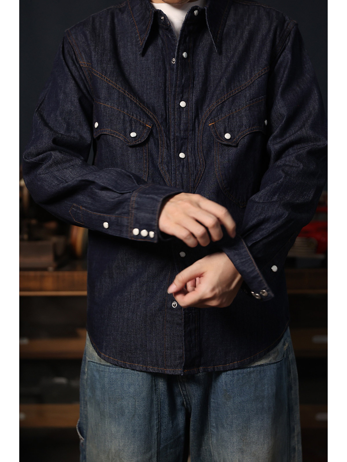 カウボーイ風ウェスタンスナップシャツ シンプルアメリカンカジ - Mens Western Denim Pearl Snap Shirt のレビューと価格