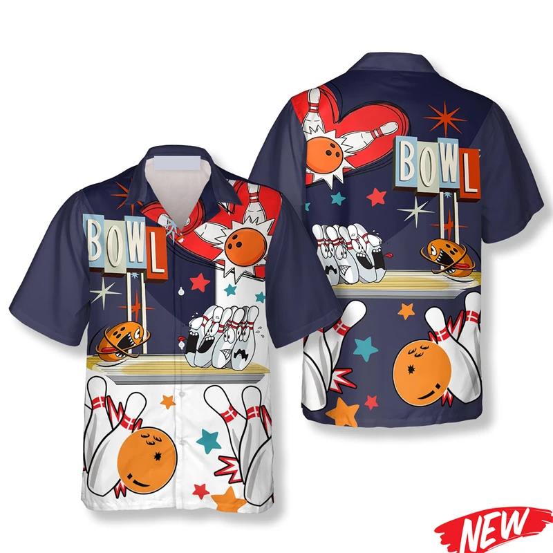 クラシックボウリングパターンハワイアンシャツ男性用夏ストリー - Short Sleeve Bowling Shirt Retro のレビューと価格