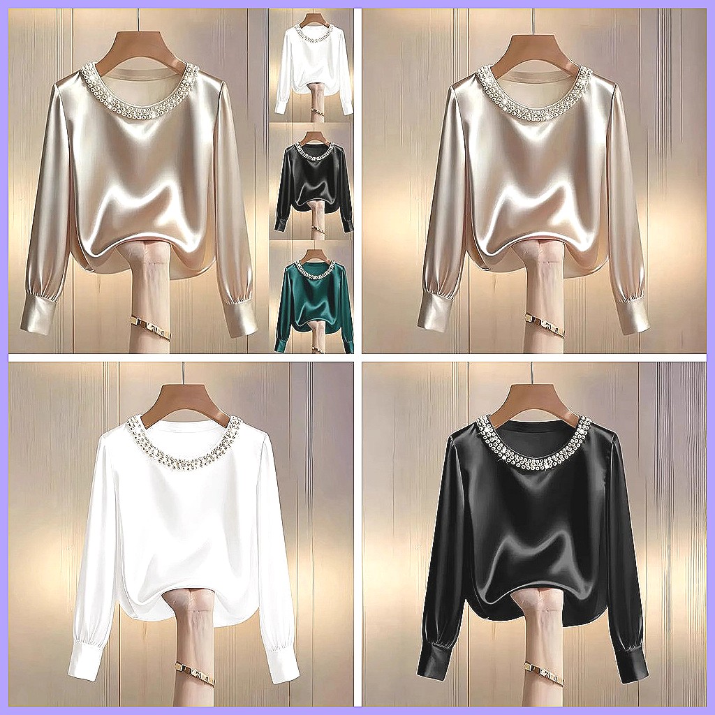 エレガントなビーズ付きサテンブラウス、女性用、ゆったりとした - Shirts のレビューと価格