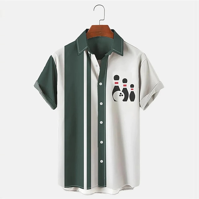 メンズストライプボウリングパターンプリント半袖ラペルシャツレ - Short Sleeve Bowling Shirt Retro のレビューと価格