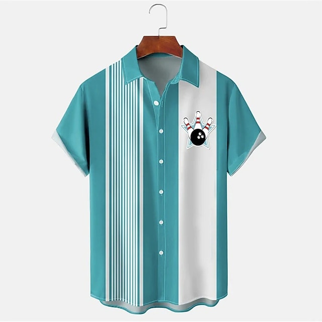 メンズストライプボウリングパターンプリント半袖ラペルシャツレ - Short Sleeve Bowling Shirt Retro のレビューと価格