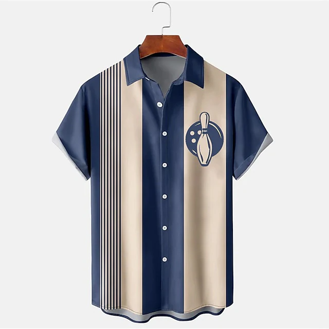 メンズストライプボウリングパターンプリント半袖ラペルシャツレ - Short Sleeve Bowling Shirt Retro のレビューと価格