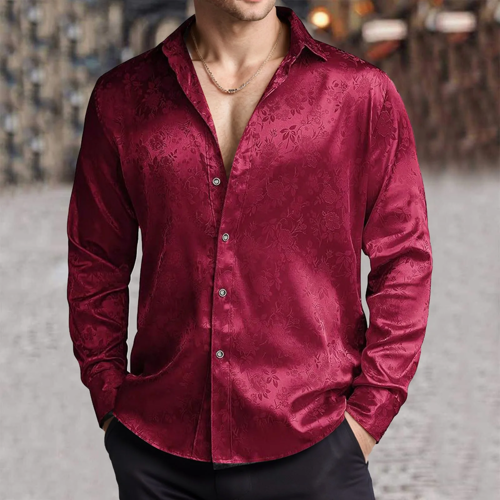 メンズ模造シルクサテンドレスシャツジャカード長袖花ボタンアッ - Mens Satin Silk Dress Shirt のレビューと価格