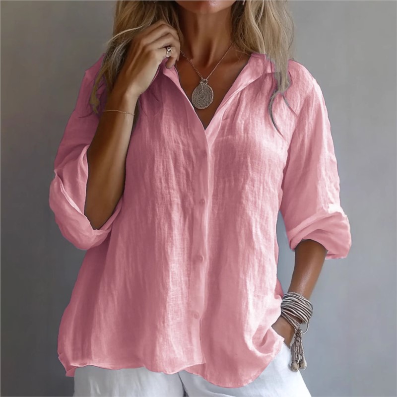 無地リネンセクシーな V ネックシングルブレスト長袖春秋婦人 - Mens Linen Shirt Long Sleeve のレビューと価格