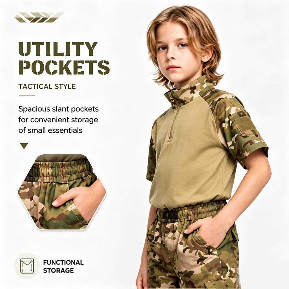 子供用迷彩戦術フロッグスーツ半袖Tシャツカーゴパンツベルト付 - Tactical Military Shirt Cargo のレビューと価格