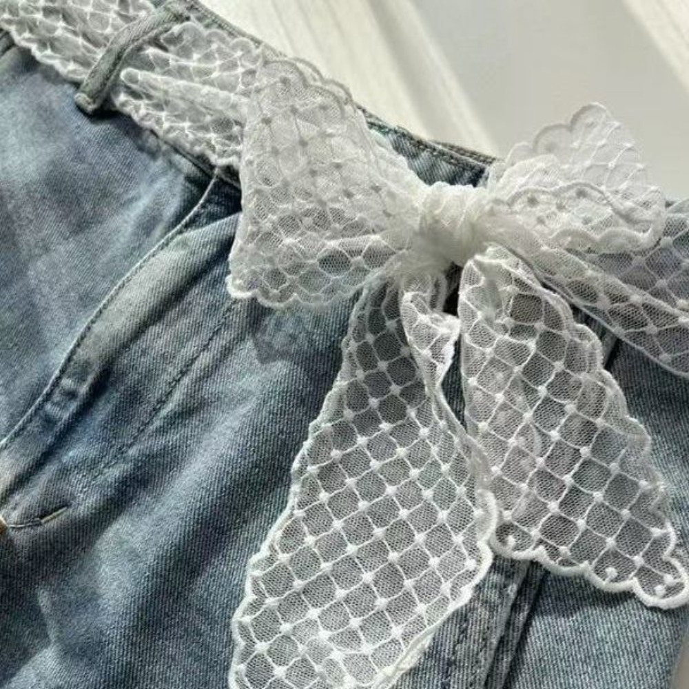 甘い白いレースベルト女性用ジーンズスカートリボンスカーフタイ - Jeans のレビューと価格