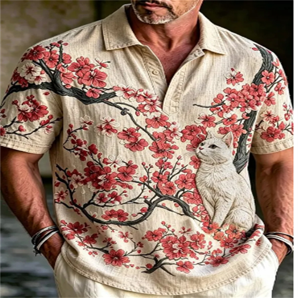 メンズ半袖ポロシャツ ヴィンテージ浮世絵猫花柄波模様プリント - Vintage Hawaiian Floral Shirt のレビューと価格