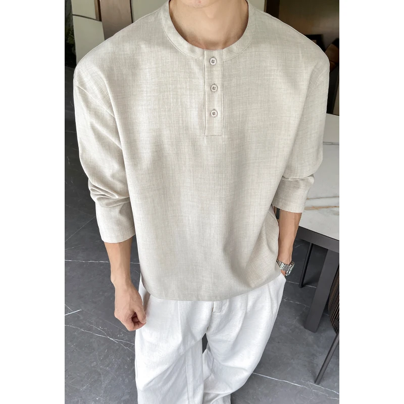 メンズカジュアルフェイクリネンヘンリーティー、長袖、3ボタン - Mens Linen Shirt Long Sleeve のレビューと価格
