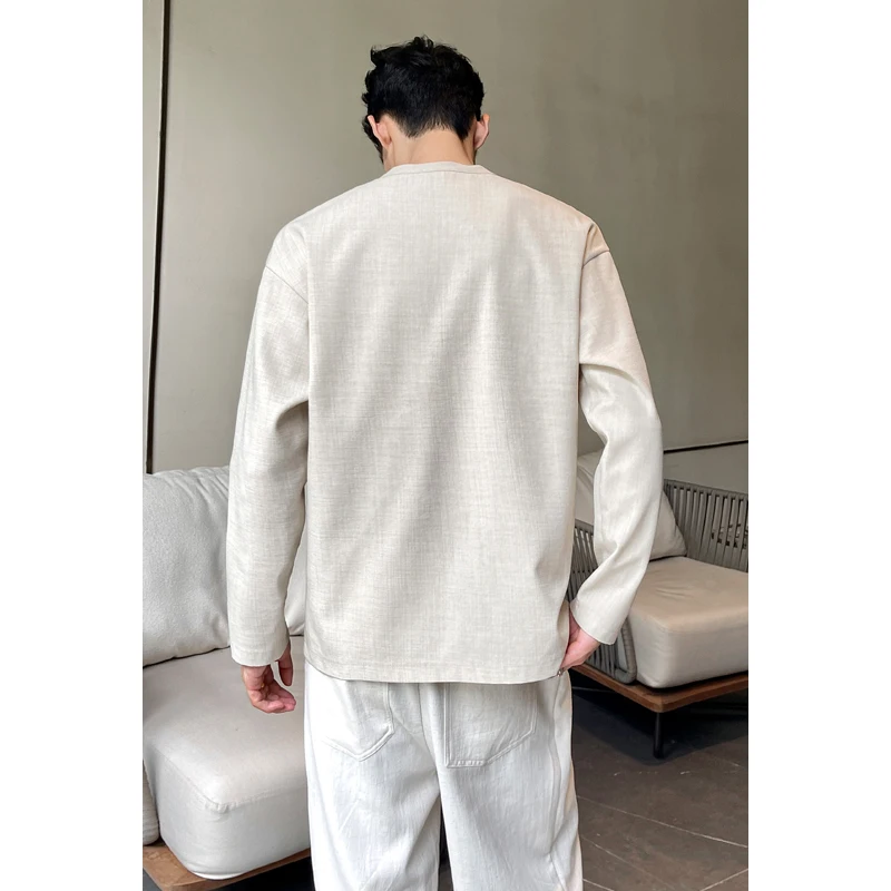 メンズカジュアルフェイクリネンヘンリーティー、長袖、3ボタン - Mens Linen Shirt Long Sleeve のレビューと価格