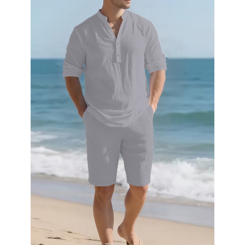 メンズ ホワイト リネンブレンド ツーピースセット ヘンリー - Mens Linen Shirt Long Sleeve のレビューと価格