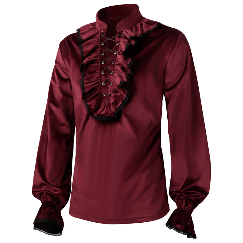 男性用のフリル付きランタンスリーブシャツ,赤いレースの衣服, - Medieval Gothic Lace Up Pirate Shirt のレビューと価格