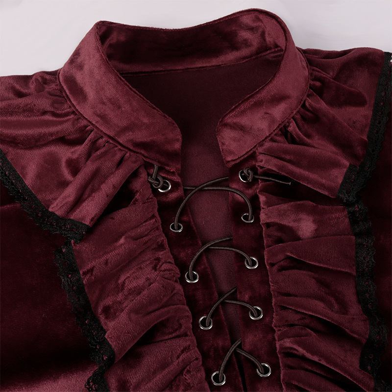 男性用のフリル付きランタンスリーブシャツ,赤いレースの衣服, - Medieval Gothic Lace Up Pirate Shirt のレビューと価格