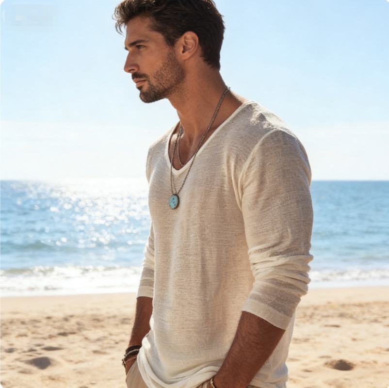 メンズカジュアルVネックリネン混紡長袖Tシャツ、通気性のある - Mens Linen Shirt Long Sleeve のレビューと価格