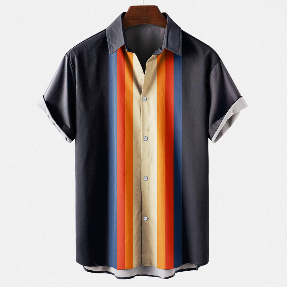 メンズ ヴィンテージ レトロ ストライプ柄 カラーブロック  - Short Sleeve Bowling Shirt Retro のレビューと価格