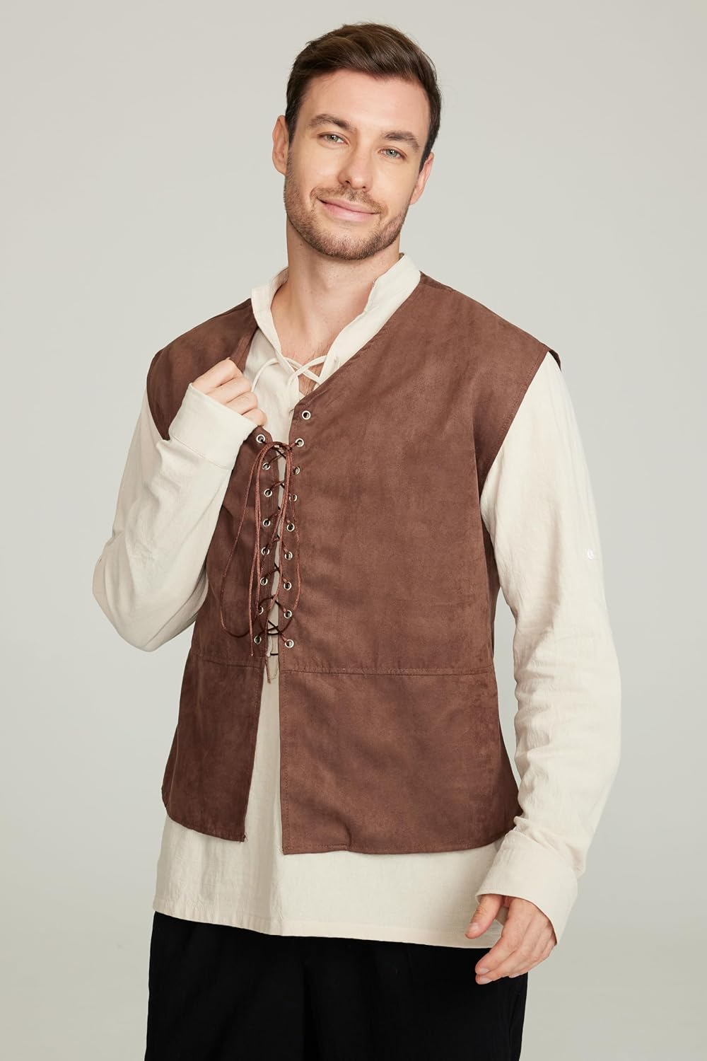 2点セット メンズ 中世海賊ベスト 長袖シャツ 中世ルネサン - Medieval Gothic Lace Up Pirate Shirt のレビューと価格