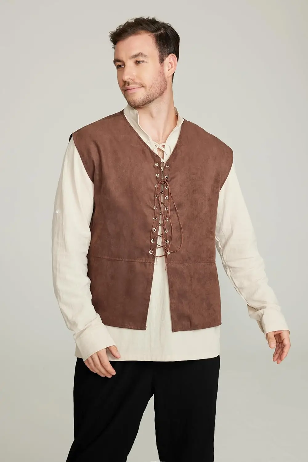 2点セット メンズ 中世海賊ベスト 長袖シャツ 中世ルネサン - Medieval Gothic Lace Up Pirate Shirt のレビューと価格