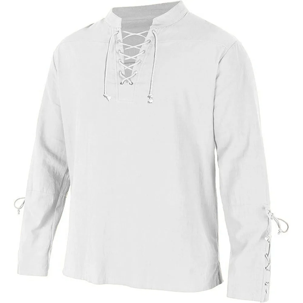 メンズ長袖シャツレースアップ V ネックカフ中世海賊ドレスア - Medieval Gothic Lace Up Pirate Shirt のレビューと価格