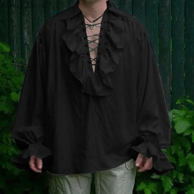 S-5XL 中世海賊ハロウィン吸血鬼コスチューム男性用フリル - Medieval Gothic Lace Up Pirate Shirt のレビューと価格