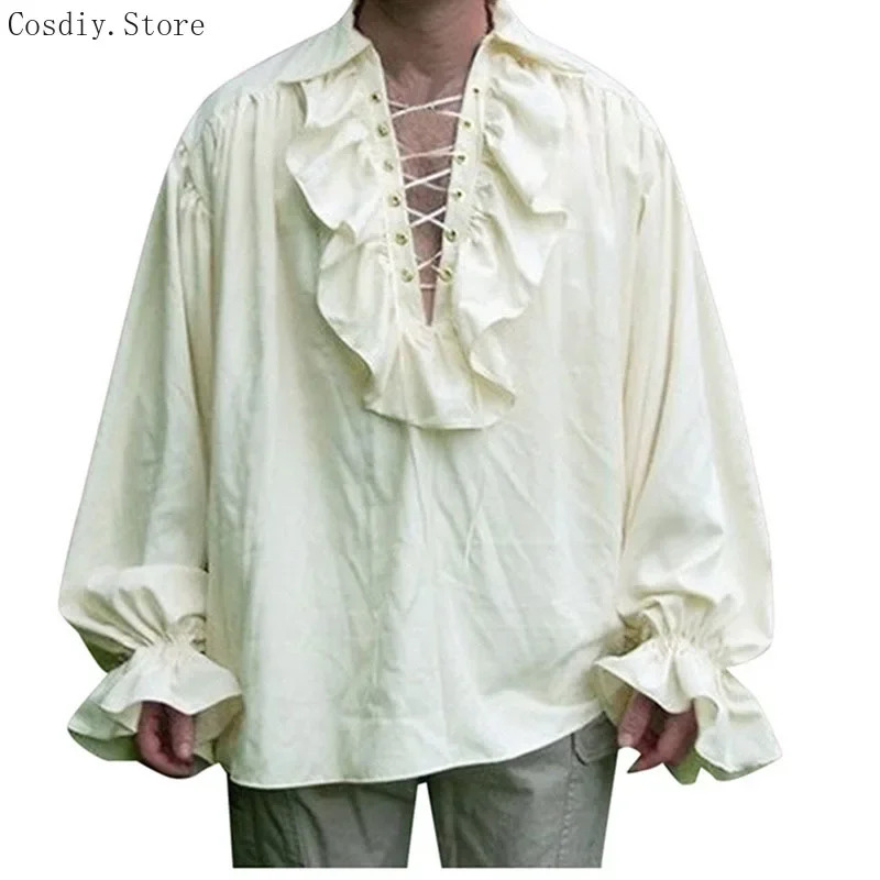 S-5XL 中世海賊ハロウィン吸血鬼コスチューム男性用フリル - Medieval Gothic Lace Up Pirate Shirt のレビューと価格