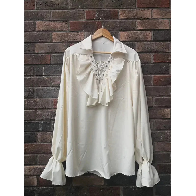 S-5XL 中世海賊ハロウィン吸血鬼コスチューム男性用フリル - Medieval Gothic Lace Up Pirate Shirt のレビューと価格