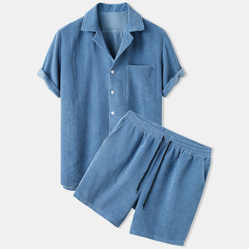 2025 新しいメンズ夏のコーデュロイシャツとショーツセット - Corduroy Button Up Shirt Men のレビューと価格