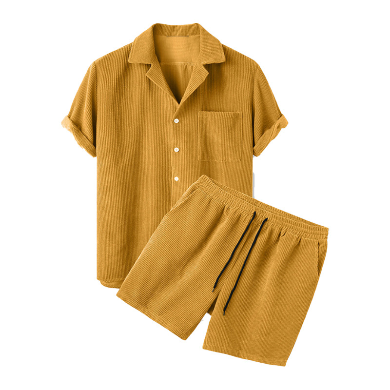 2025 新しいメンズ夏のコーデュロイシャツとショーツセット - Corduroy Button Up Shirt Men のレビューと価格
