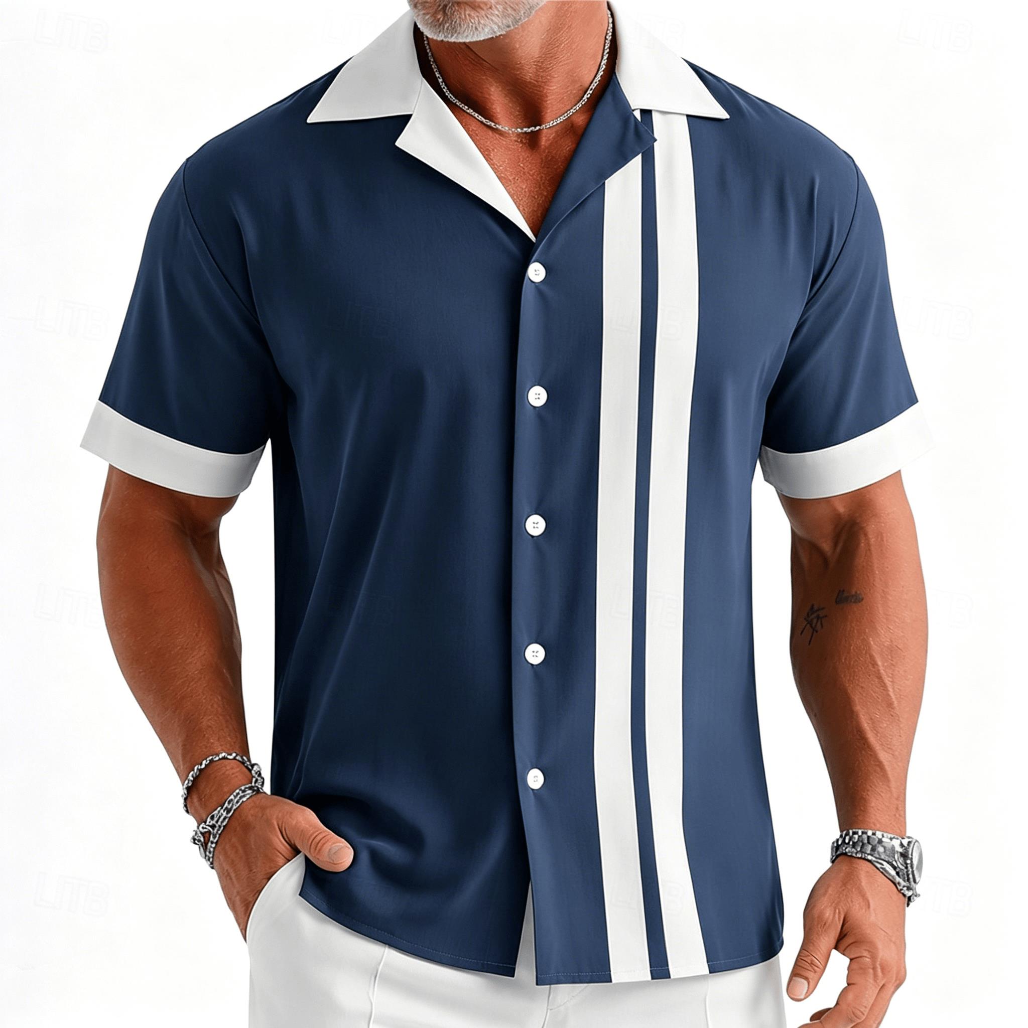 メンズ ネイビーブルーと白のヴィンテージ ボウリングストライ - Short Sleeve Bowling Shirt Retro のレビューと価格