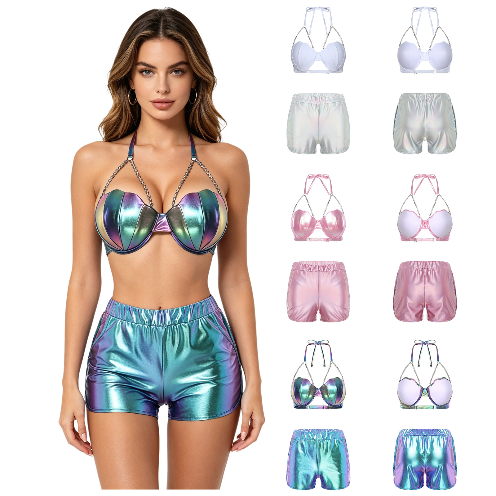 女性用メタリック光沢水着タンキニセット、ホルターシェル型ビキ - Shorts のレビューと価格