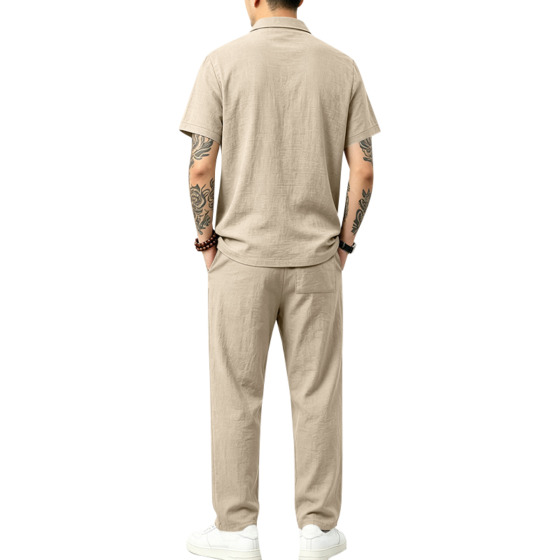 メンズ2ピースポロセット半袖襟付きポロシャツ＆ストレートロン - Mens Linen Shirt Long Sleeve のレビューと価格