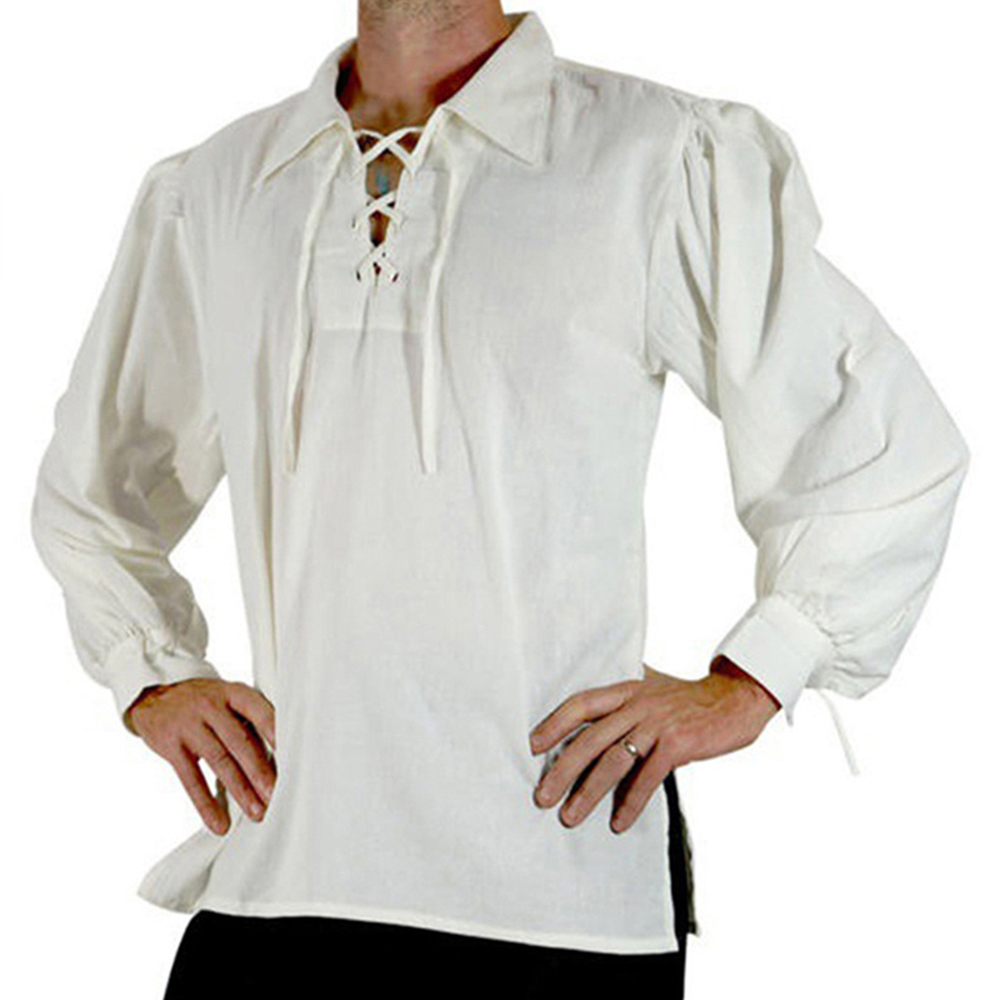 男性中世ルネッサンス衣装海賊シャツ新郎チュニックトップゴシッ - Medieval Gothic Lace Up Pirate Shirt のレビューと価格