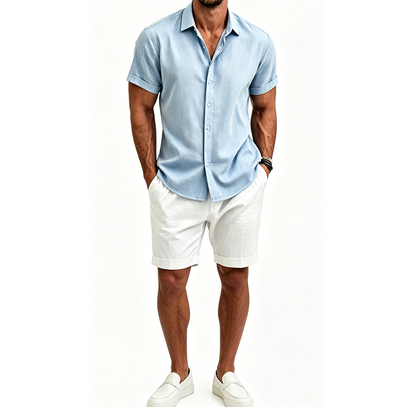 メンズ綿麻シャツセット 夏用半袖シャツ＆ショートパンツスーツ - Mens Linen Shirt Long Sleeve のレビューと価格