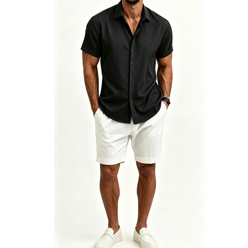 メンズ綿麻シャツセット 夏用半袖シャツ＆ショートパンツスーツ - Mens Linen Shirt Long Sleeve のレビューと価格
