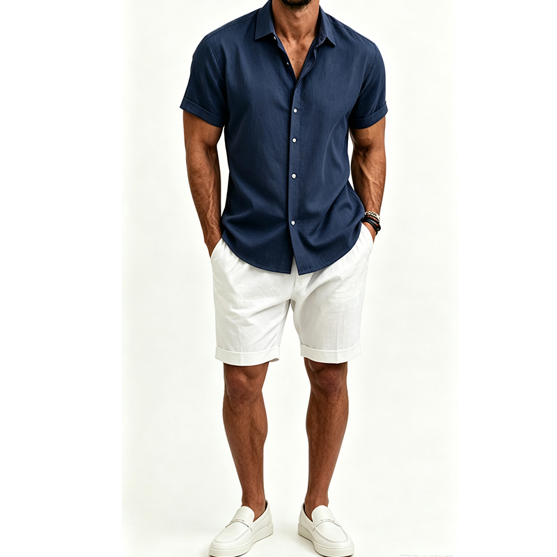 メンズ綿麻シャツセット 夏用半袖シャツ＆ショートパンツスーツ - Mens Linen Shirt Long Sleeve のレビューと価格