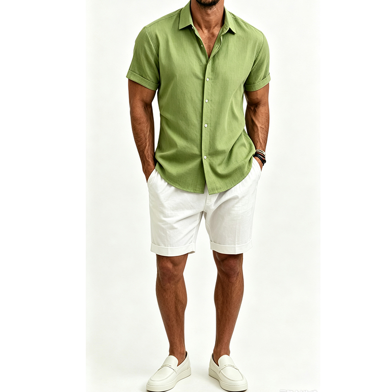 メンズ綿麻シャツセット 夏用半袖シャツ＆ショートパンツスーツ - Mens Linen Shirt Long Sleeve のレビューと価格