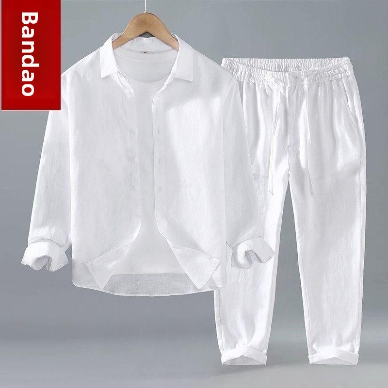 リネン素材のメンズカジュアル半袖シャツと長ズボンの2点セット - Mens Linen Shirt Long Sleeve のレビューと価格