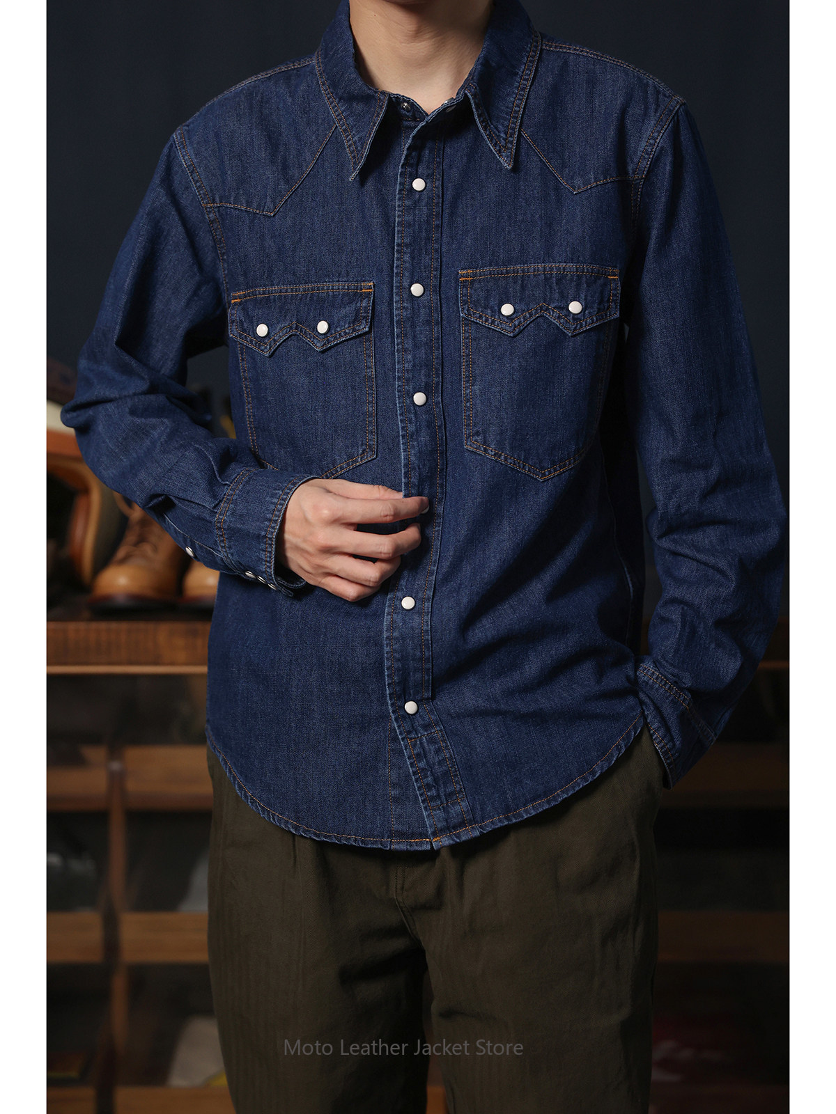アメリカンレトロウエスタンデニムシャツ　生デニムウォッシュ加 - Mens Western Denim Pearl Snap Shirt のレビューと価格