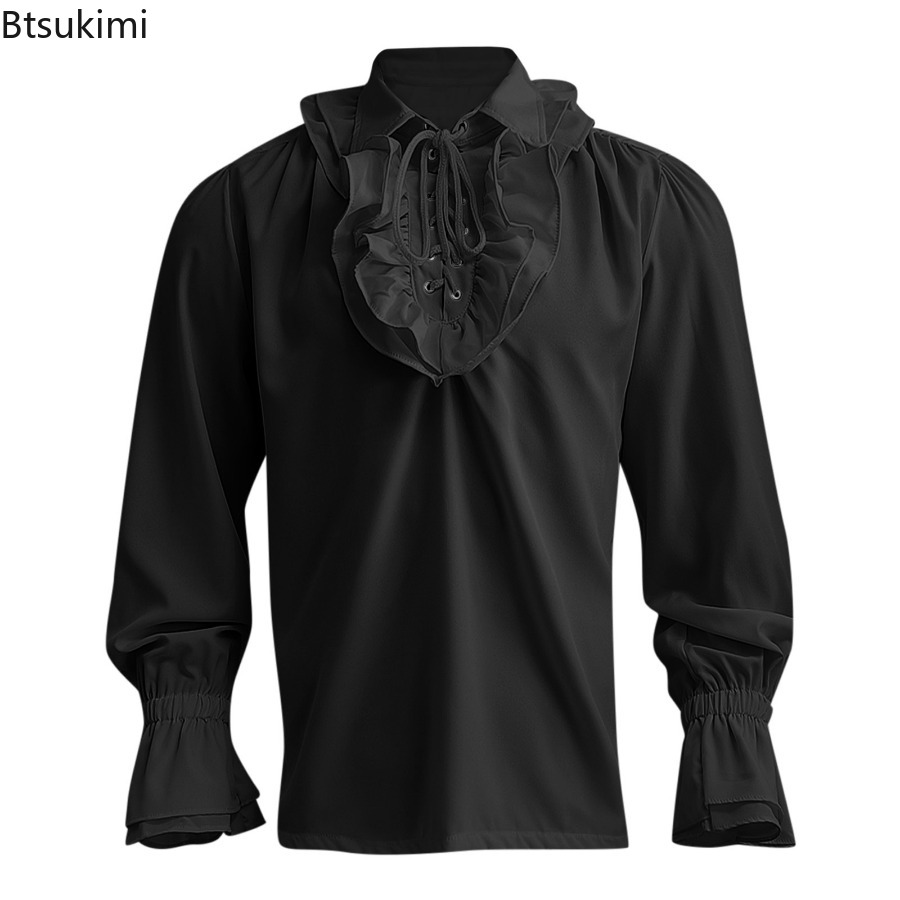メンズ中世ルネッサンス海賊シャツビクトリア朝フリルスチームパ - Medieval Gothic Lace Up Pirate Shirt のレビューと価格