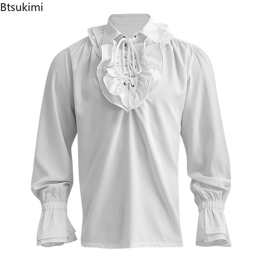 メンズ中世ルネッサンス海賊シャツビクトリア朝フリルスチームパ - Medieval Gothic Lace Up Pirate Shirt のレビューと価格